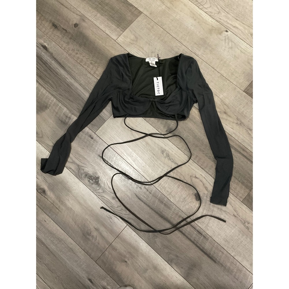 Tic Toc Women Long Sleeve Underwire Wrap Crop Top Charcoal Grey Small NWT